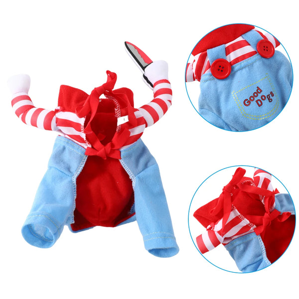 A red and white striped dog jumpsuit costume with a red bow and blue fabric details.