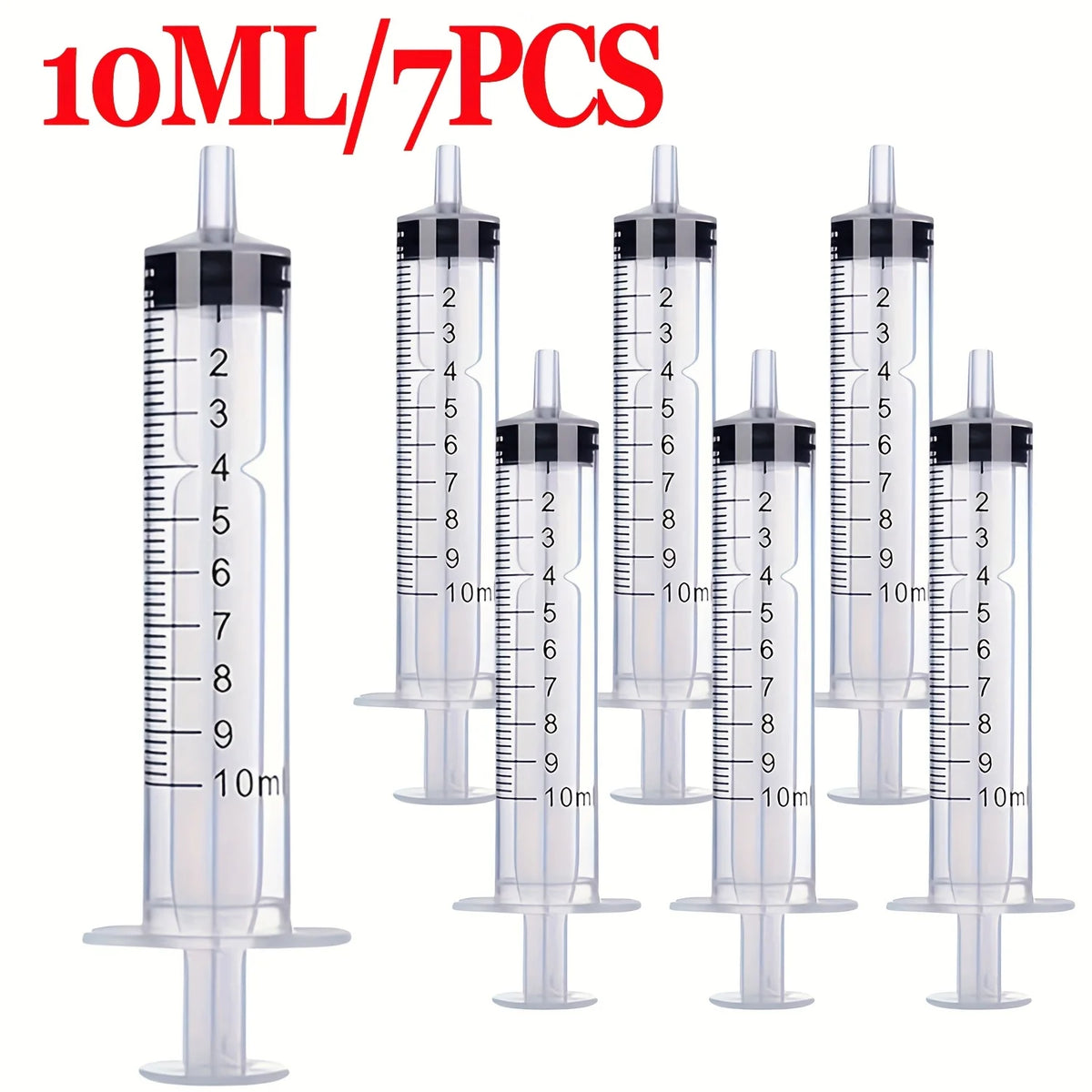 A set of seven 10ml precision liquid dispensing syringes with graduated markings.