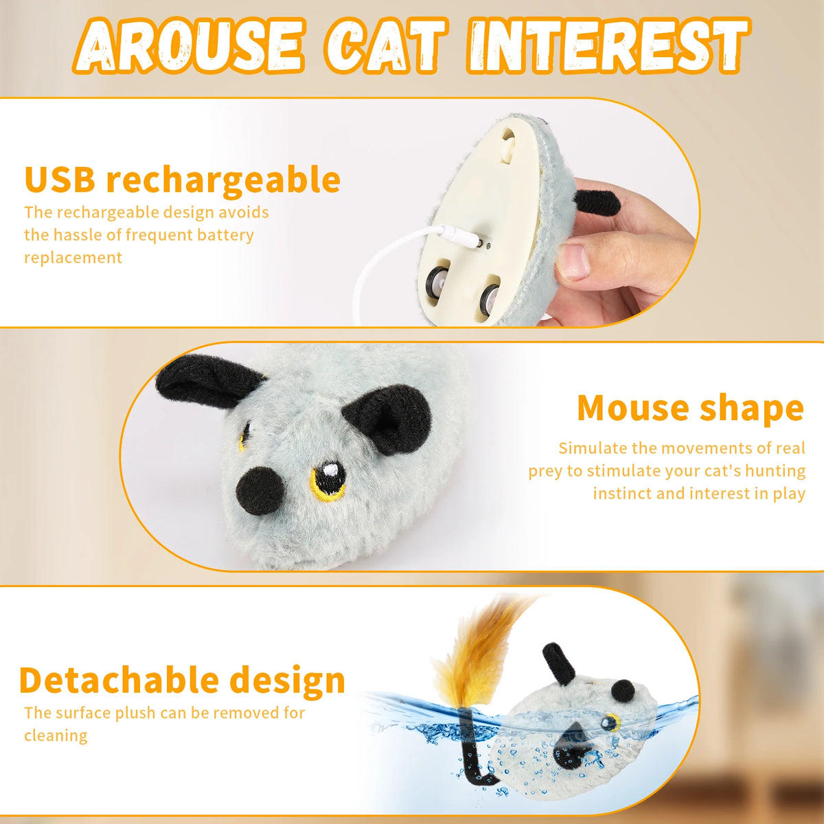 Plüschmäuse-Spielzeug, entworfen, um die Neugier von Katzen zu wecken, mit USB-Ladefunktion und abnehmbarem Design.