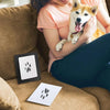 Eine Person hält einen Hund mit Pfotenabdrücken auf seinem Fell, der auf einer Couch liegt. Eine Pfotenabdruck-Memorial-Tinte
