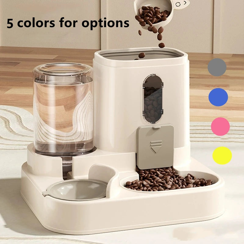 A white gravity pet feeder and water dispenser set for cats and small dogs with five color options displayed.