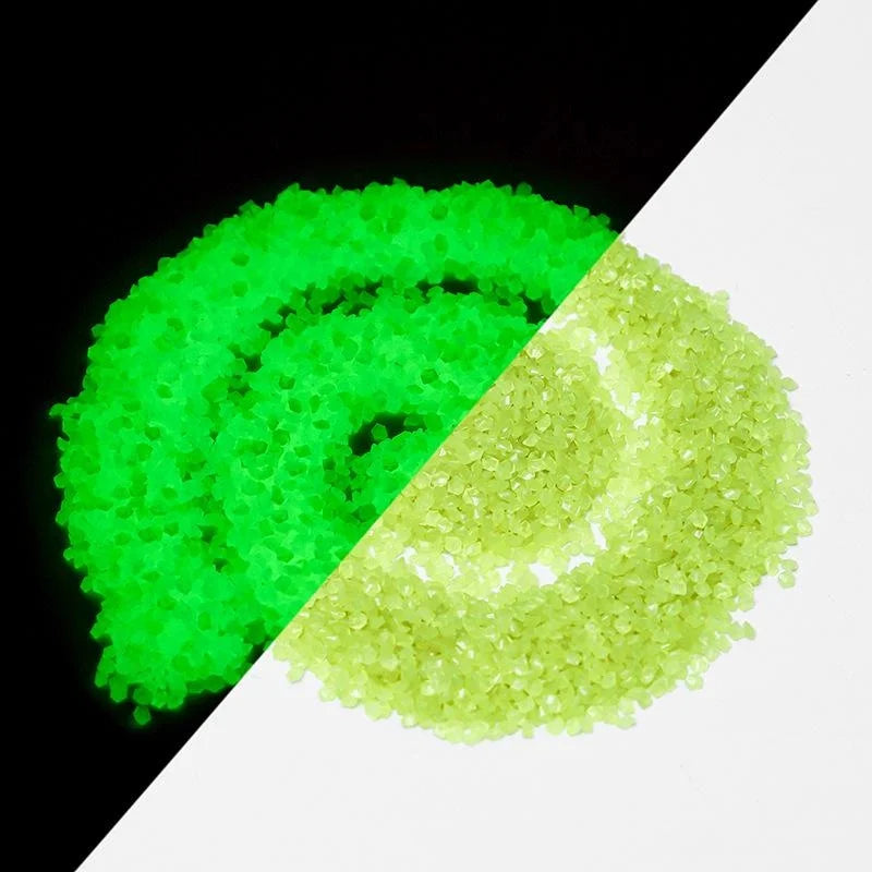 A split image showing bright green glow-in-the-dark decorative pebbles on a black background and yellowish-green pebbles on a