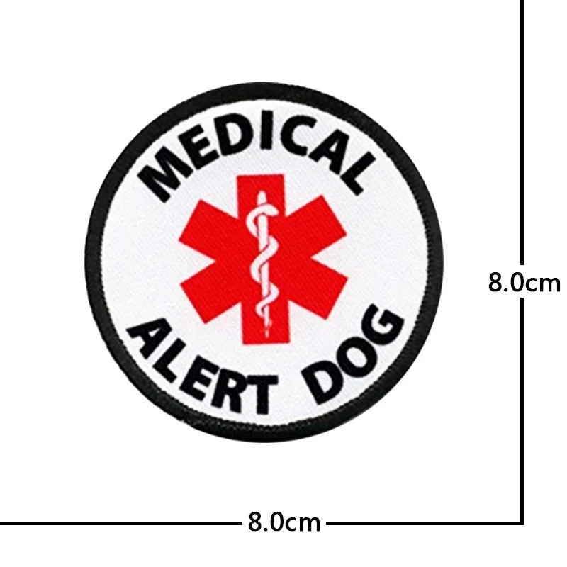 Black and white embroidered patch featuring a red medical cross design with the words MEDICAL ALERT DOG.