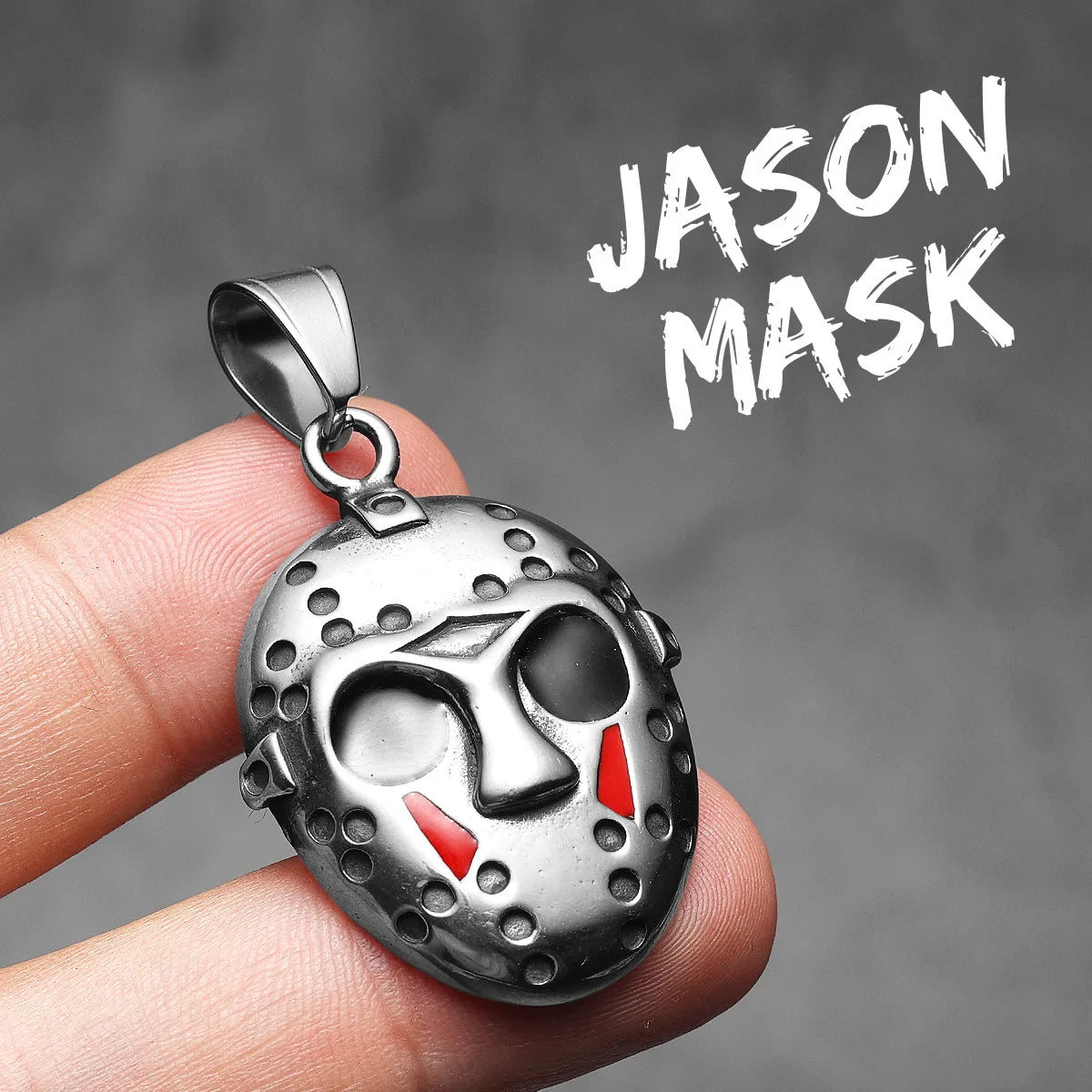 A silver stainless steel pendant necklace featuring a Jason Mask skull design.