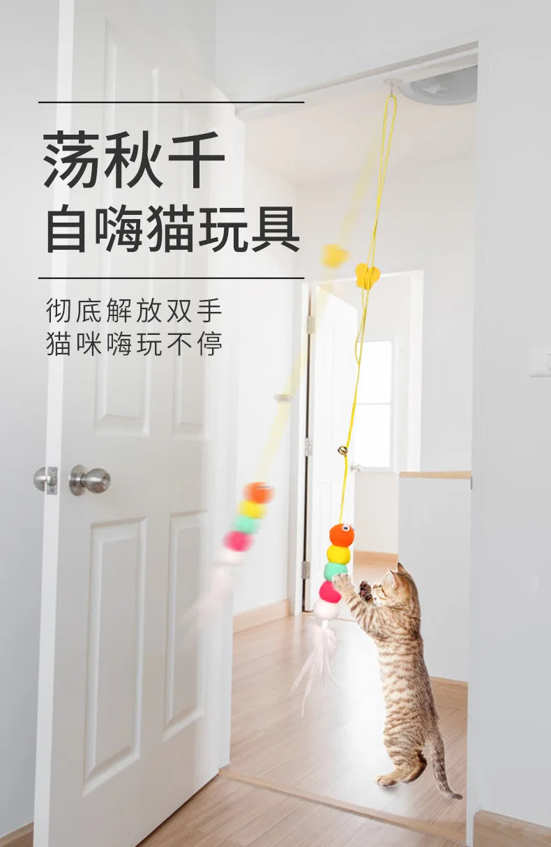 An interactive hanging cat toy with an adjustable rope is shown inside a doorway, with a tabby cat playing with the toy.