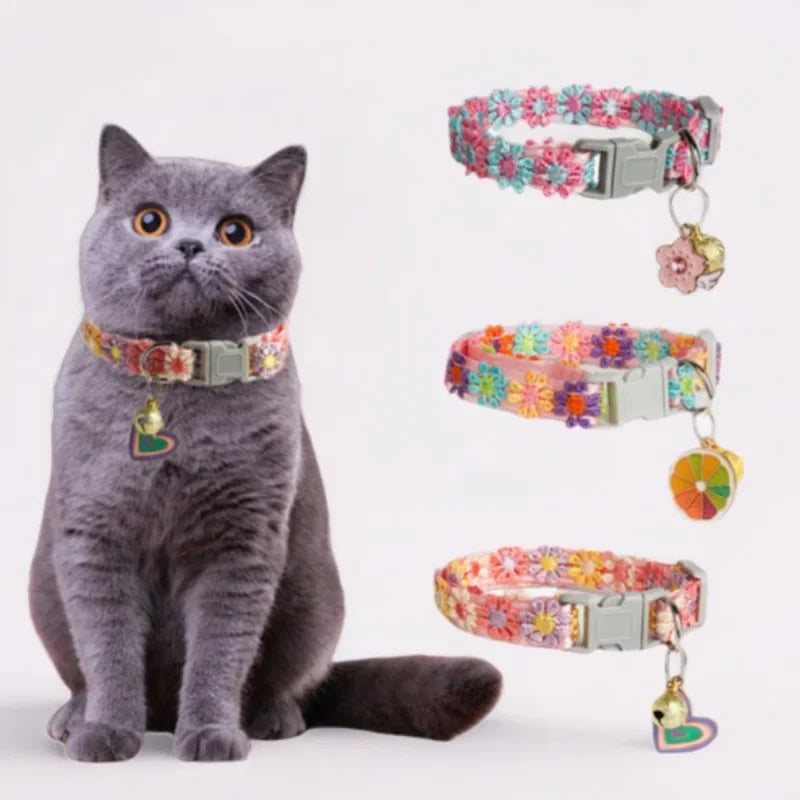 A gray cat wearing a pink and green cherry blossom embroidered safety collar with a bell.