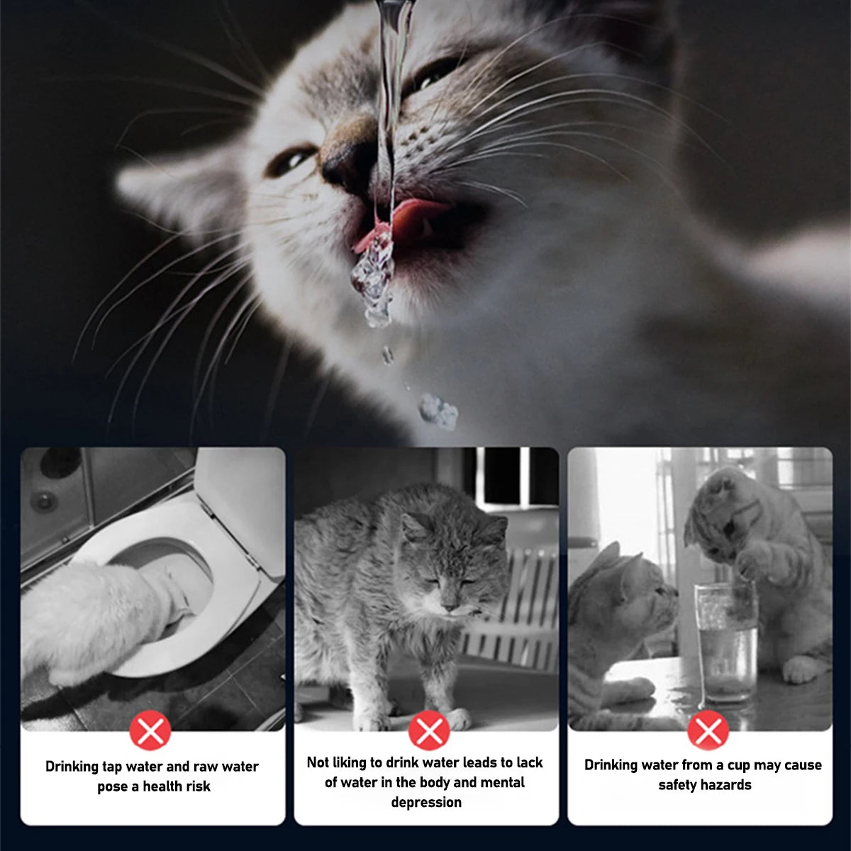 A close-up of a cat drinking water from a stainless steel automatic pet water fountain.