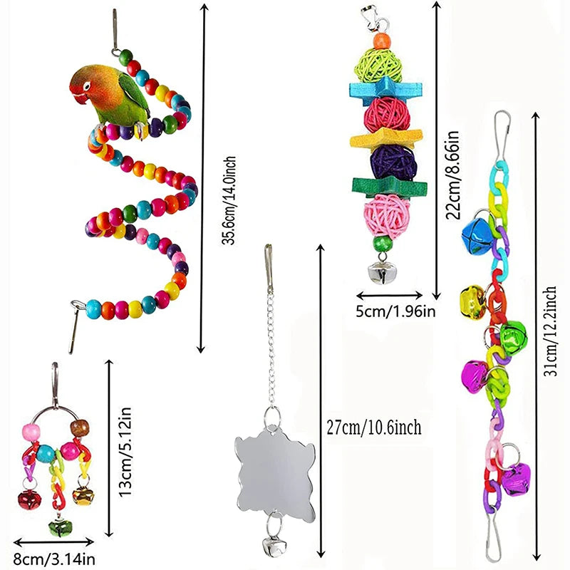 A wooden parrot toy set featuring a swing and ladder with colorful beads and components.