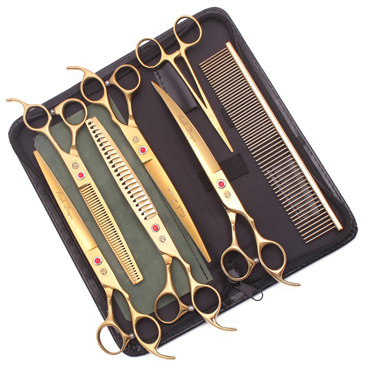 A black case holding a set of professional stainless steel pet grooming scissors and a comb.