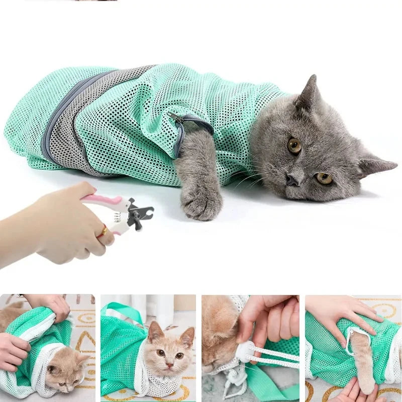 A gray cat is placed inside a green mesh grooming bag, demonstrating its use for bathing or trimming.