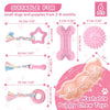 Six pink rubber chew toys for small dogs and puppies, including a braided toy, a heart shape, a bone, and an oval chew toy.