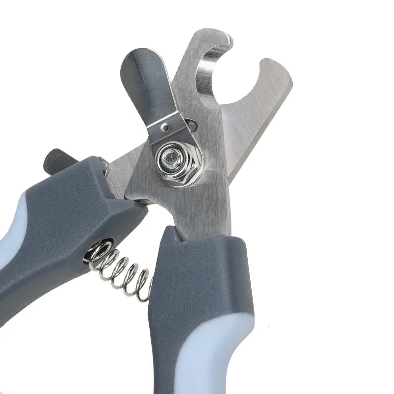 Stainless steel pet nail clippers with gray handles and silver blades