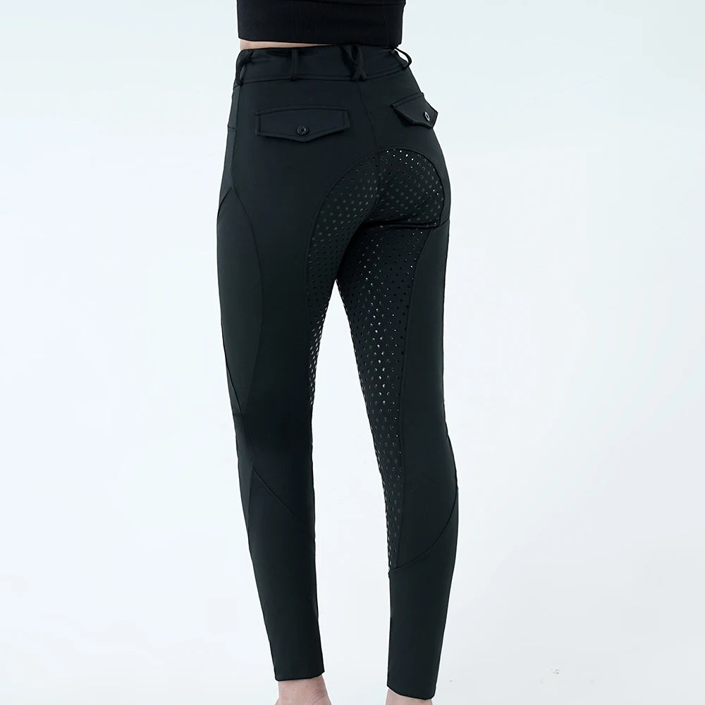 Black women's full-seat riding breeches with perforated detailing