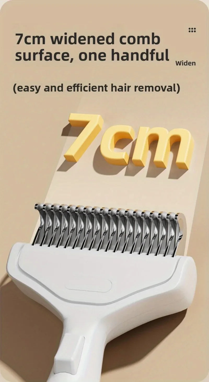A close-up of a white pet grooming brush with seven centimeters wide comb teeth displayed against a beige background.