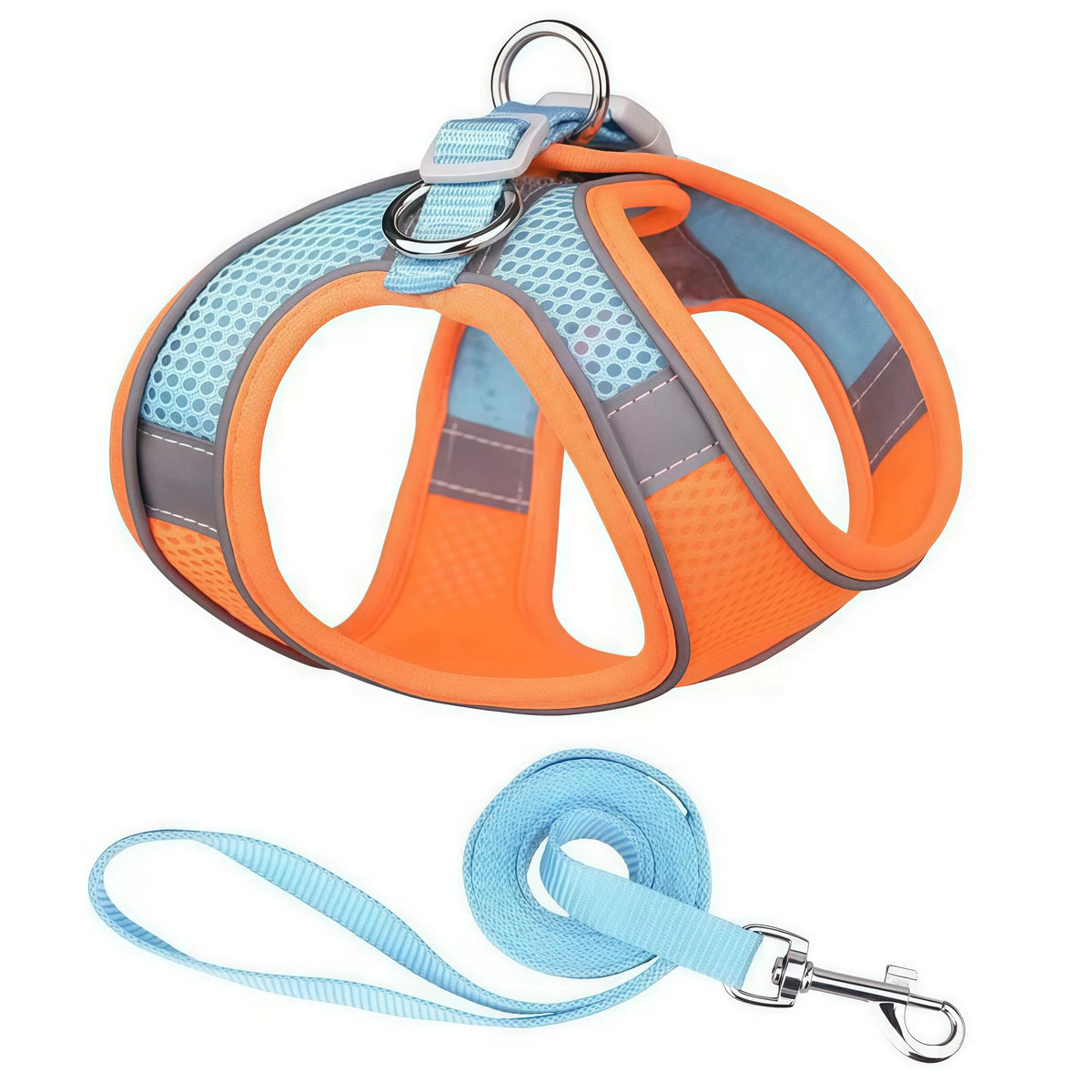 Orange and blue reflective adjustable dog harness and leash set with metal clip