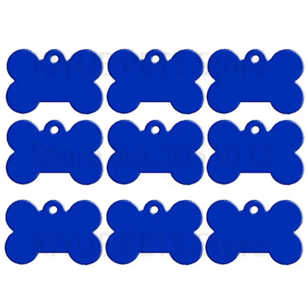 A set of twelve blue bone-shaped dog ID tags.