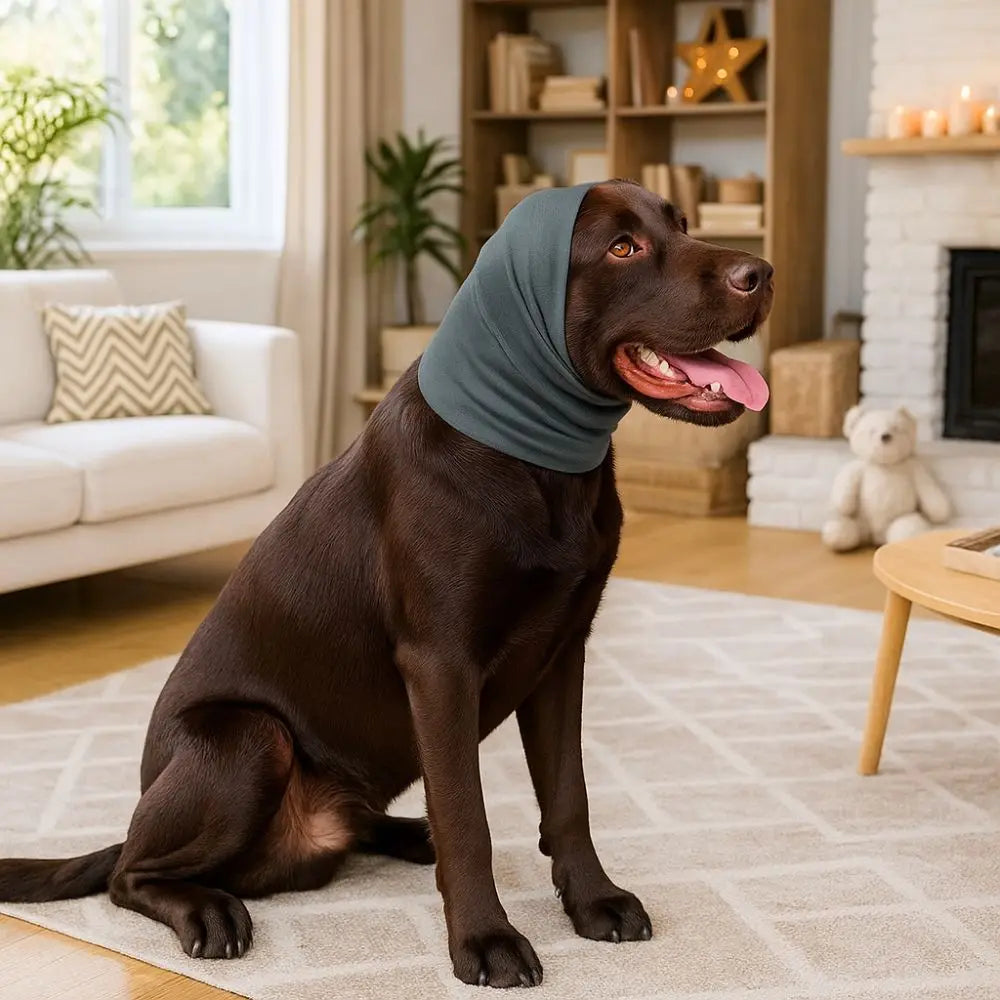 Ein brauner Hund trägt eine dunkelgraue beruhigende Ohrendämpfer-Accessoire und sitzt auf einem hellen Teppich drinnen.