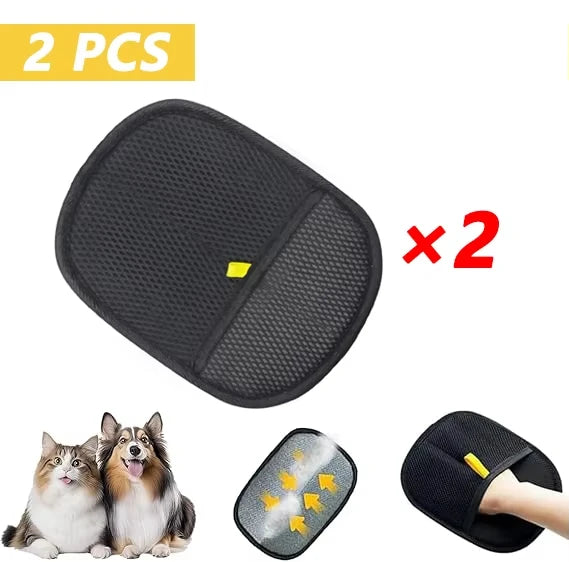 Two pairs of reusable pet hair removal gloves with static cleaning technology shown in various angles.