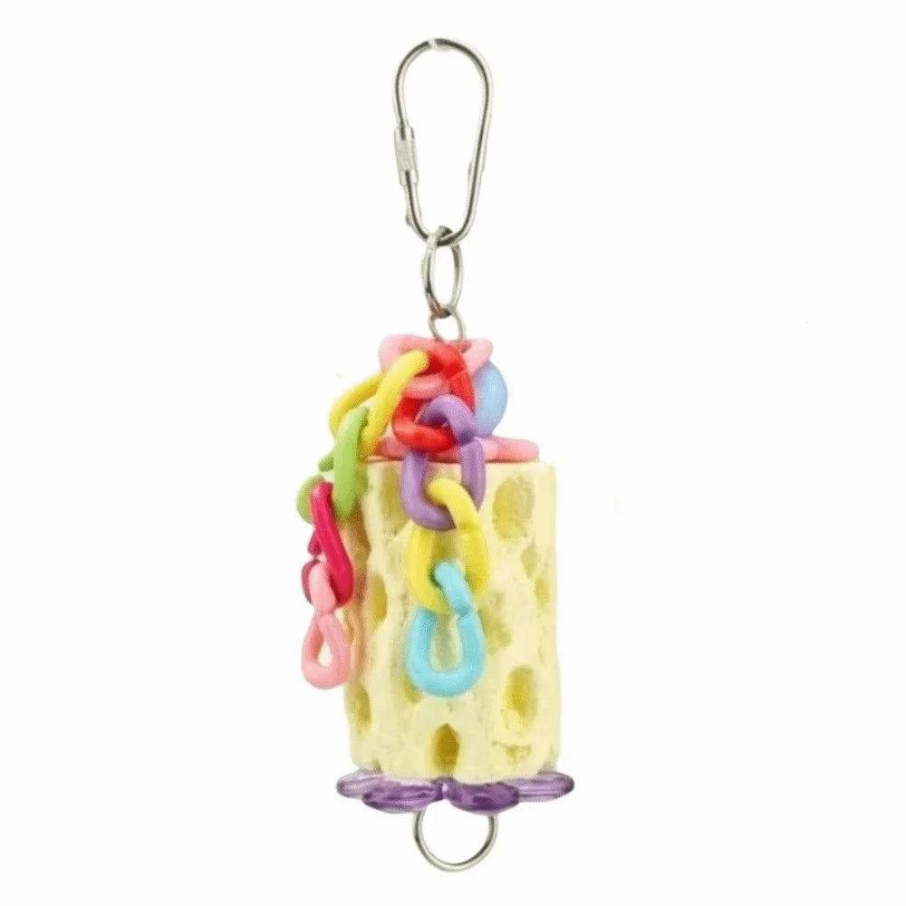 Interactive hanging chewing toy for parrots and small pets made of colorful braided rope