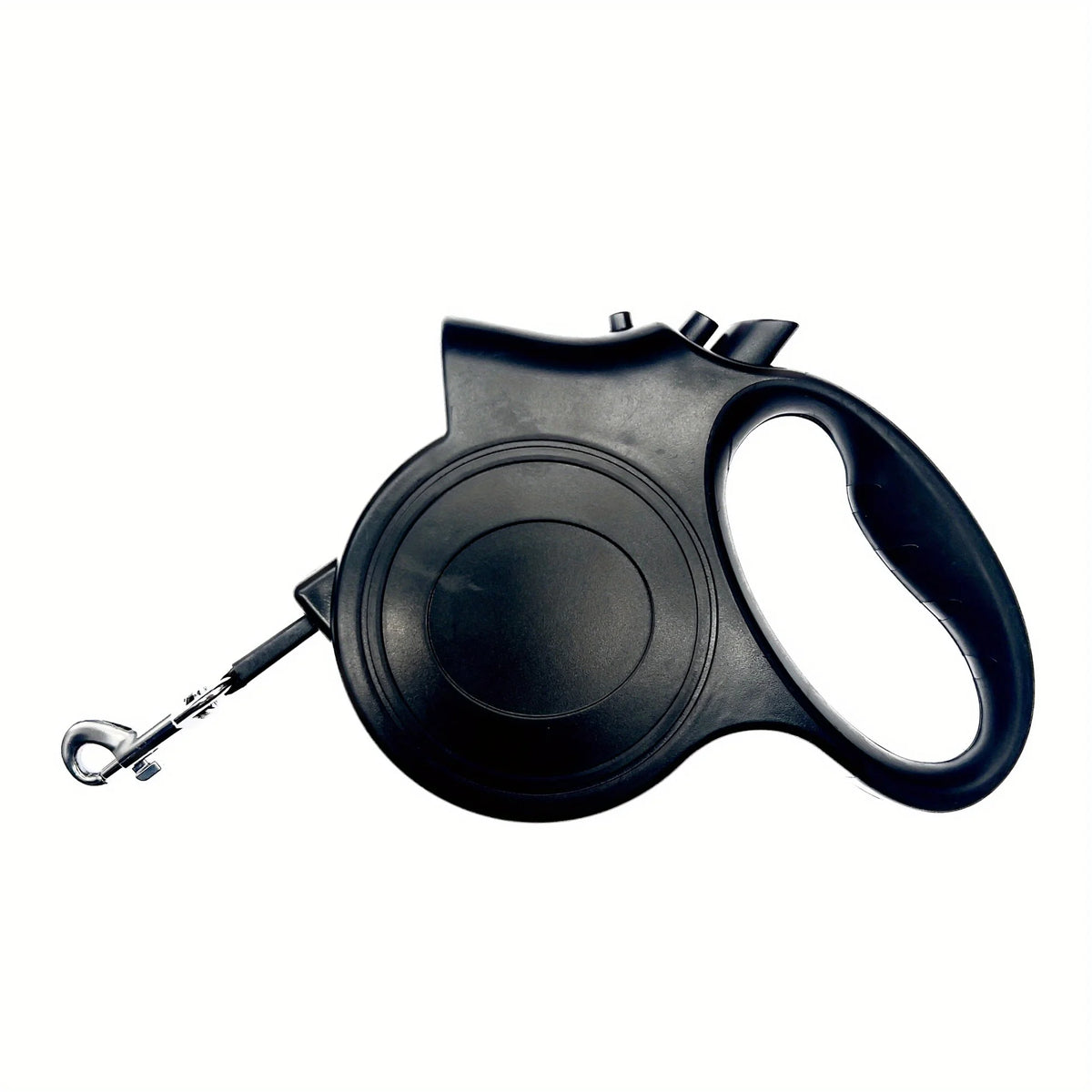Black illuminated retractable dog leash with an LED light and reflective nylon strap.
