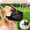 Un golden retriever con un bozal de malla negra suave para protección de cebo en un entorno exterior y verde.