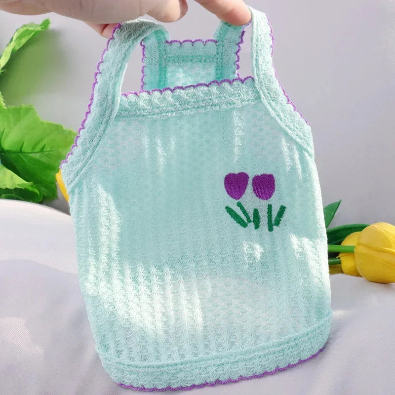 Collar de perro tejido azul claro con ribete morado y un pequeño diseño de planta verde