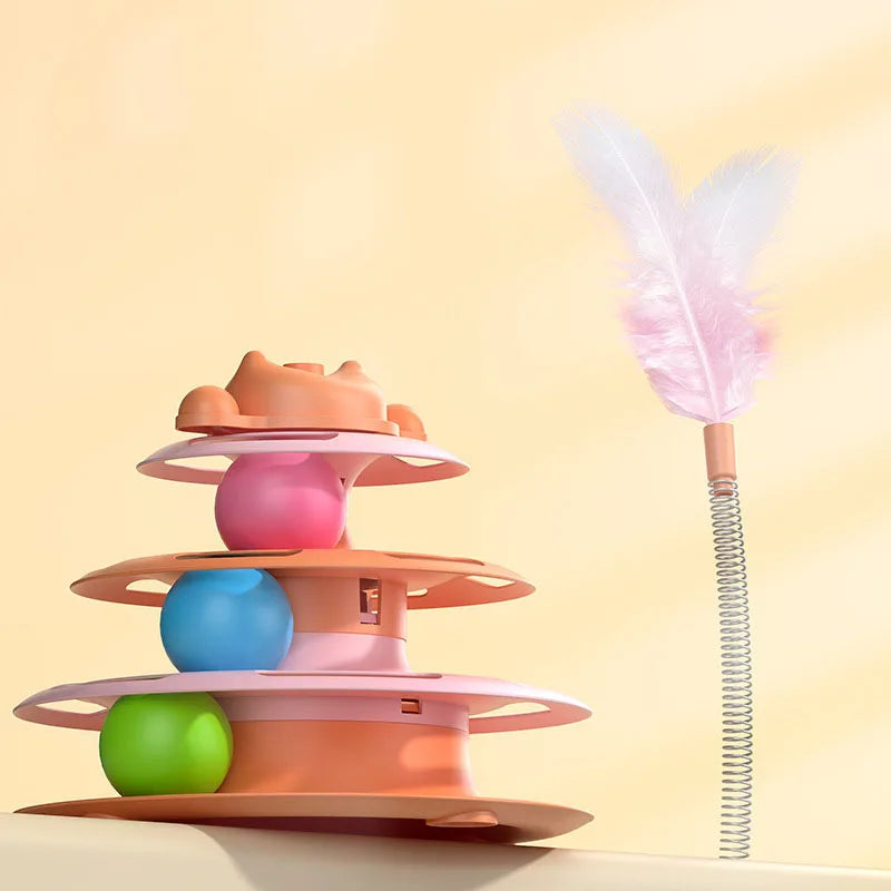 Interactive Cat Turntable Toy with Feather Wand and Rolling Ball