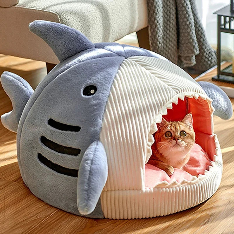 Cartoon Shark Pet Cave Bed for Cats and Small Dogs