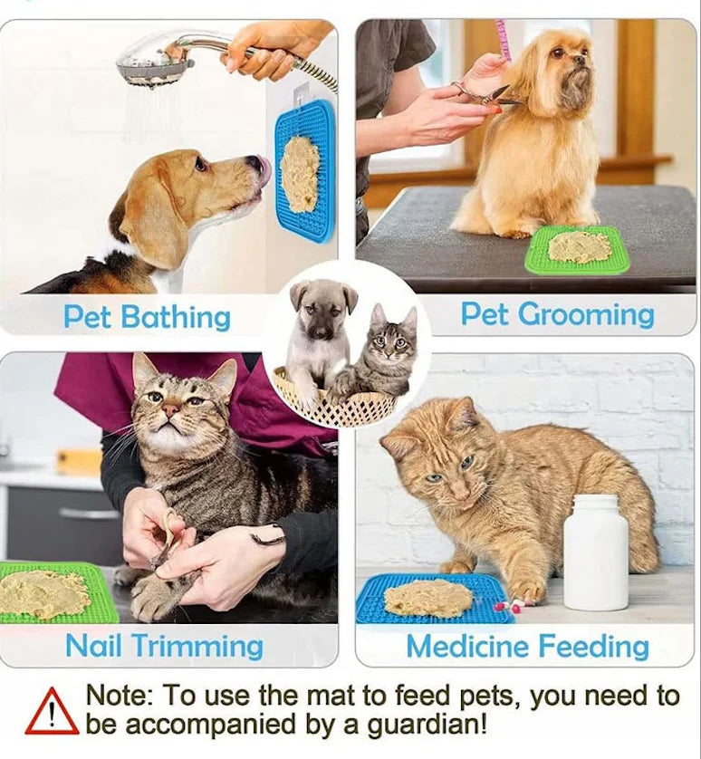 A collection of silicone pet licking mats used for various feeding and grooming tasks on dogs and cats.