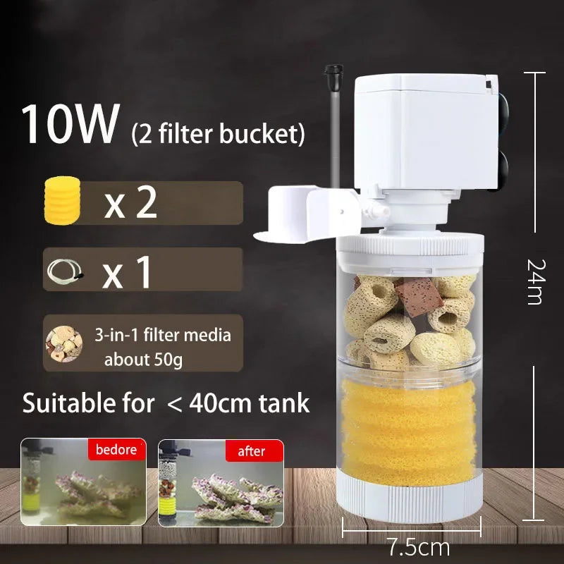 A white submersible aquarium filter with a 2-filter bucket and 3-in-1 filter media inside, shown next to a wooden surface.