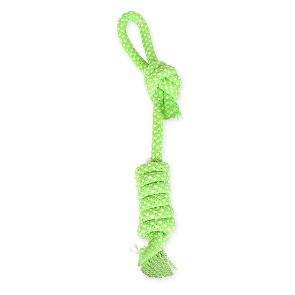 A green cotton rope dog toy with a knotted end for dental health and interactive play.