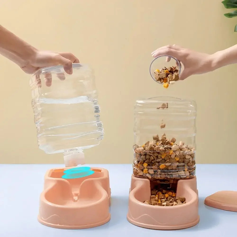 A hand pours water into a large capacity pet food bowl and water dispenser for dogs and cats.