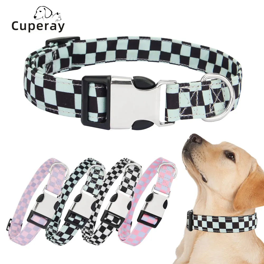 Adjustable Checker Pattern Dog Collar - Soft Nylon, Quick Release