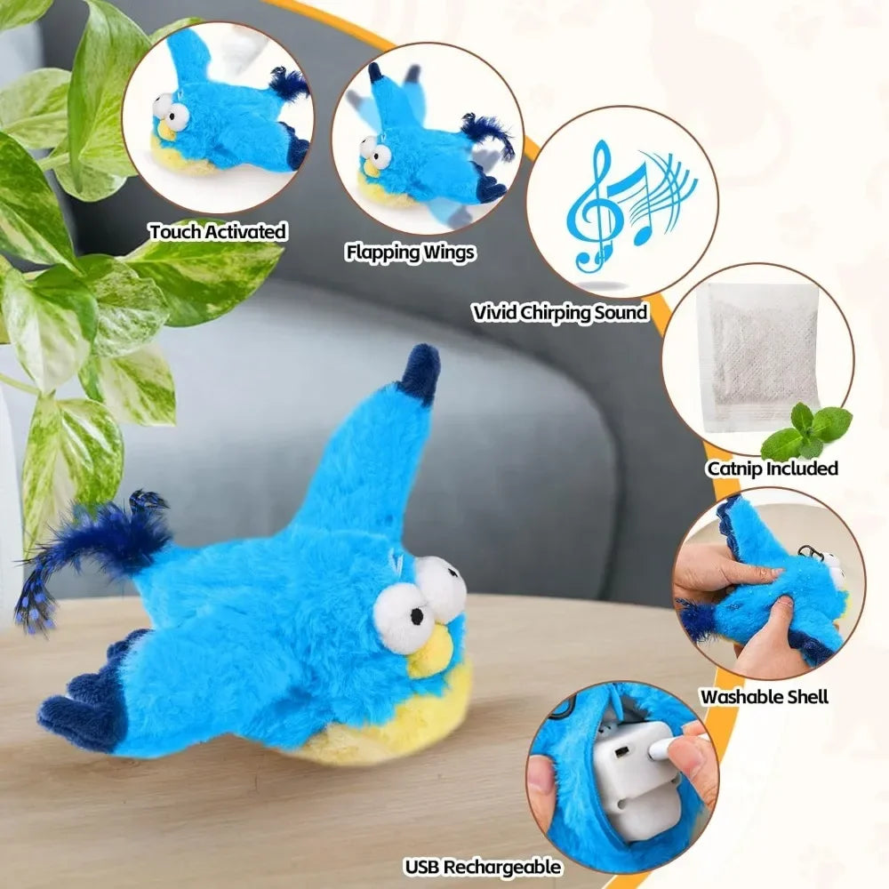 A bright blue interactive chirping bird cat toy with flapping wings and a washable shell is shown next to its components.
