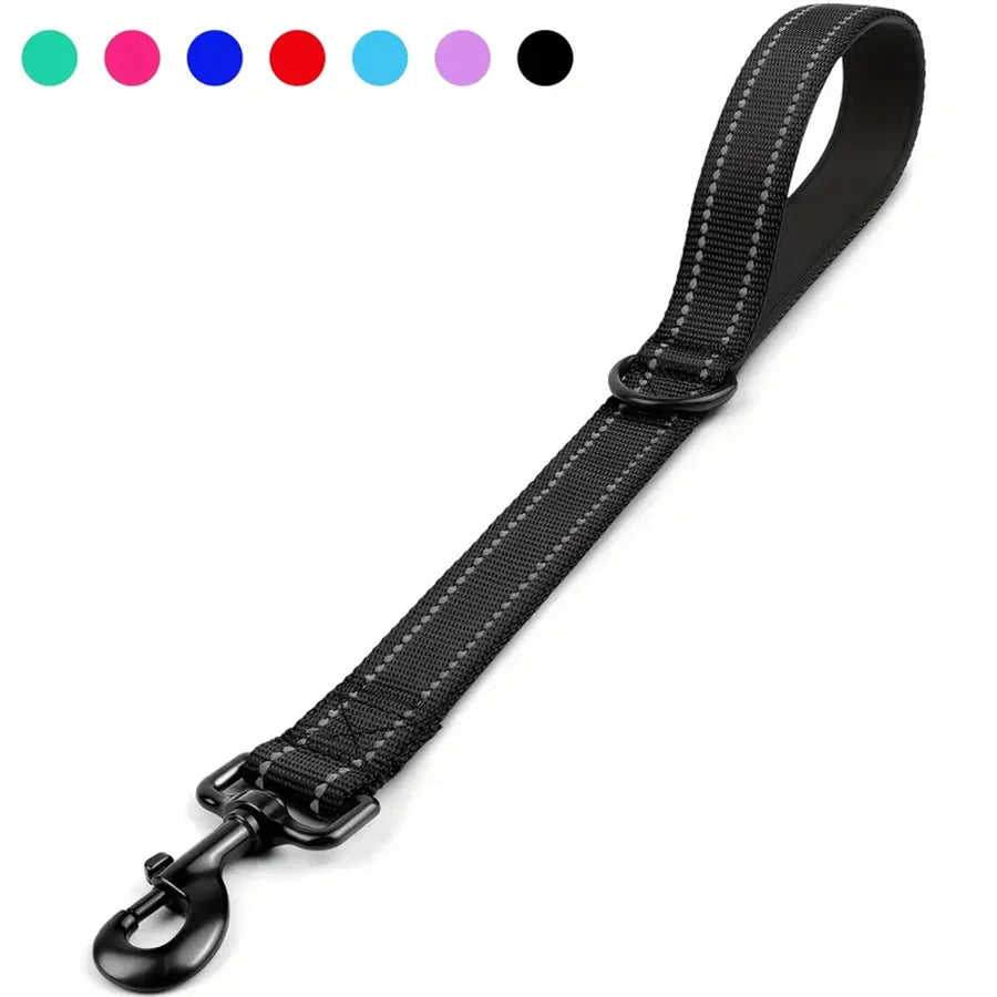 Black heavy-duty short dog leash with a padded handle and reflective threads