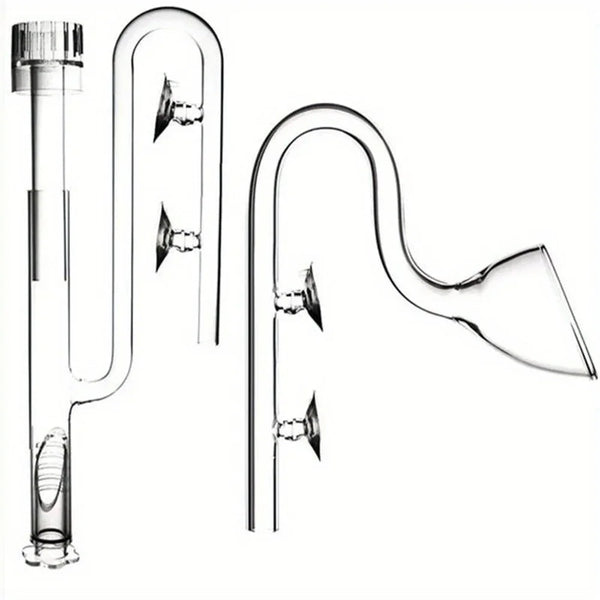 Clear glass lily pipe for aquarium water flow with multiple openings and a curved spout.