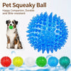 A collection of various spiky squeaky balls in red, yellow, white, green, blue, and teal for dog toys.