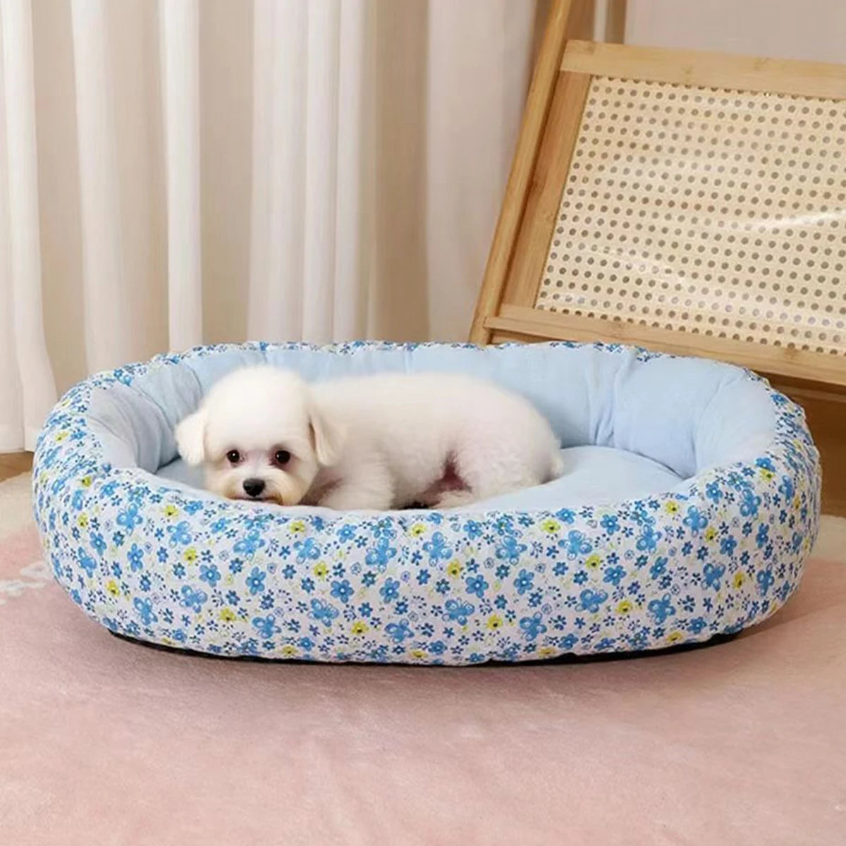 A small white puppy is resting inside a round, blue floral pet bed.