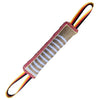 A durable jute tug of war toy with red, white, and black accents for dog training.