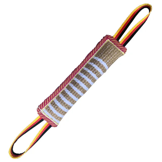 A durable jute tug of war toy with red, white, and black accents for dog training.