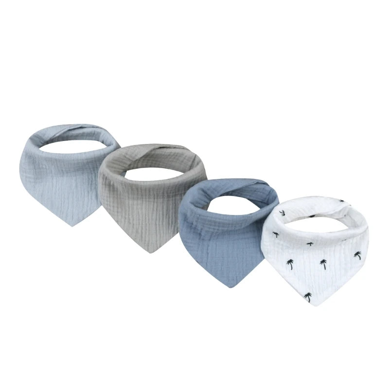 A pack of four cotton baby bibs with various printed designs for newborns.