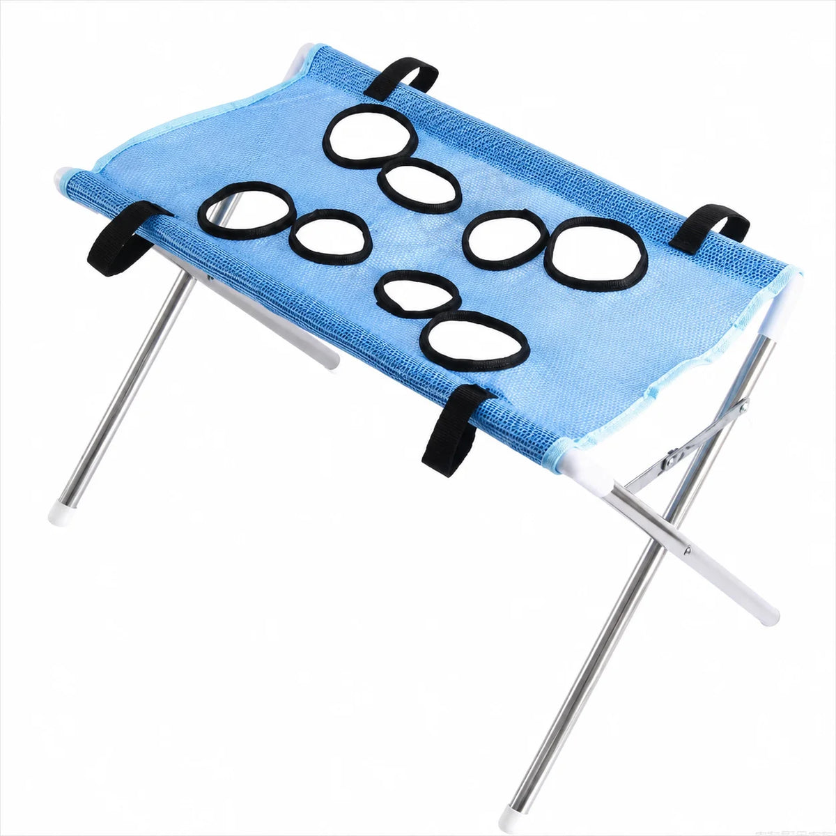 Blue mesh pet bath hammock with black rings and a metal stand for small dogs and cats