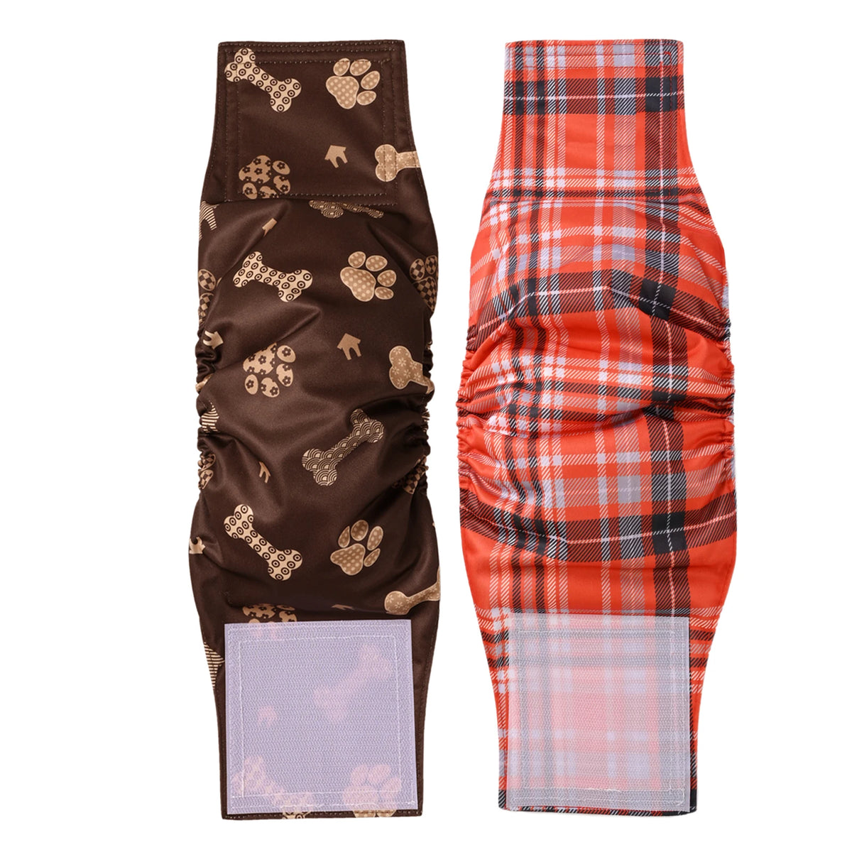 A pair of reusable adjustable belly bands for male dogs, featuring a brown plaid and orange checkered pattern.