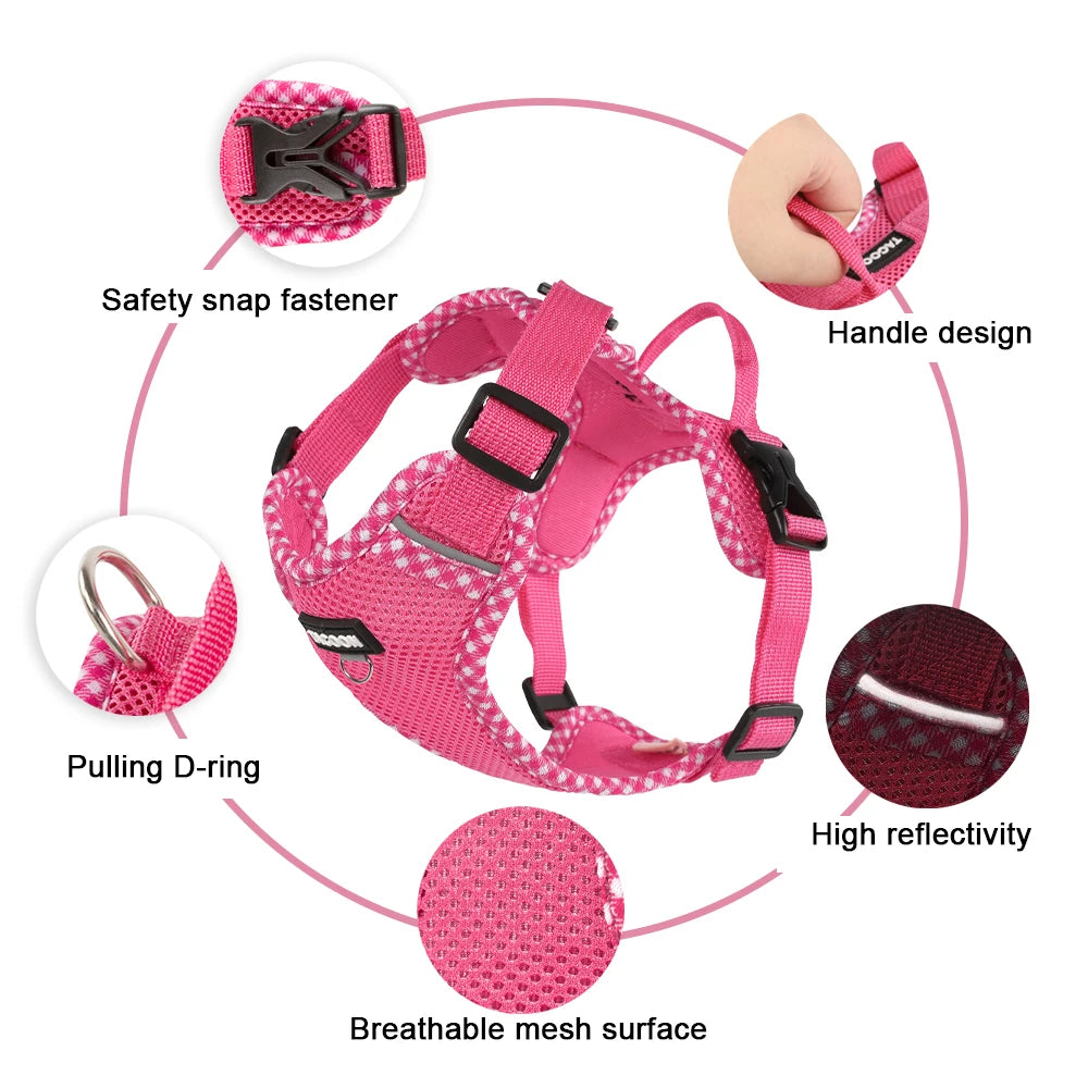 Pink breathable mesh dog harness and leash set featuring safety snap fasteners, pulling D-rings, handle design, and high refl