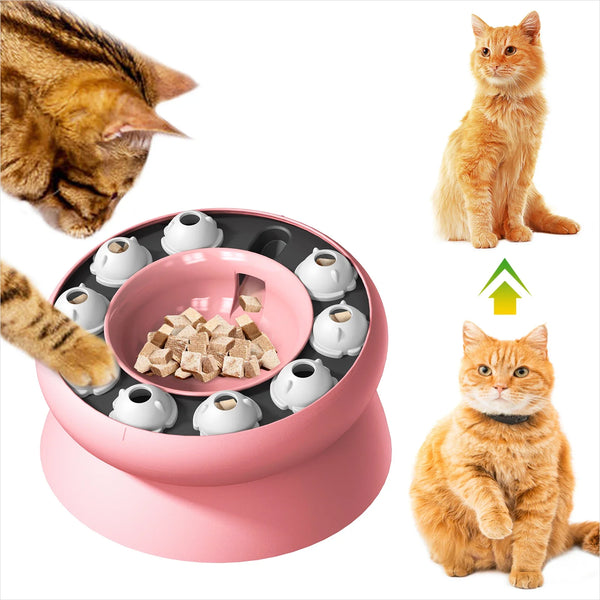 A pink interactive rotating cat feeder puzzle toy with multiple feeding compartments and a cat nearby.