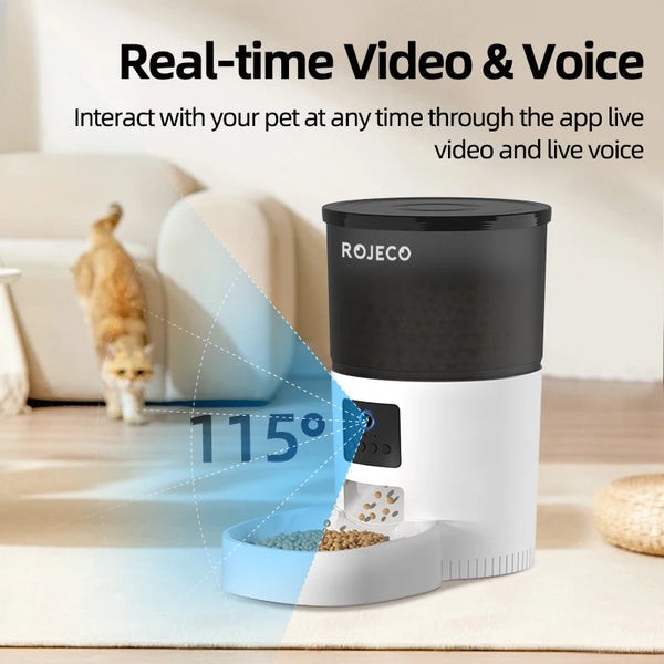 A white pet feeder with a black lid is shown on a wooden surface, demonstrating real-time video and voice interaction.