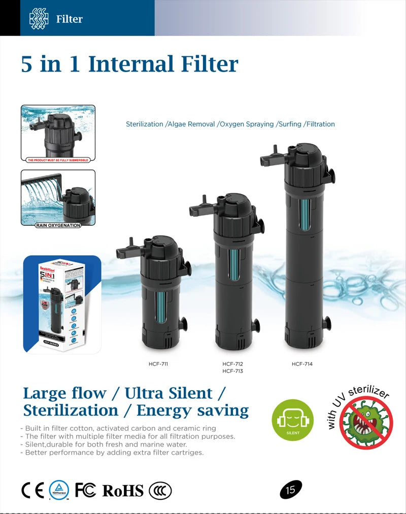 Filtre Submersible 5-en-1 pour Aquarium avec Stérilisateur UV