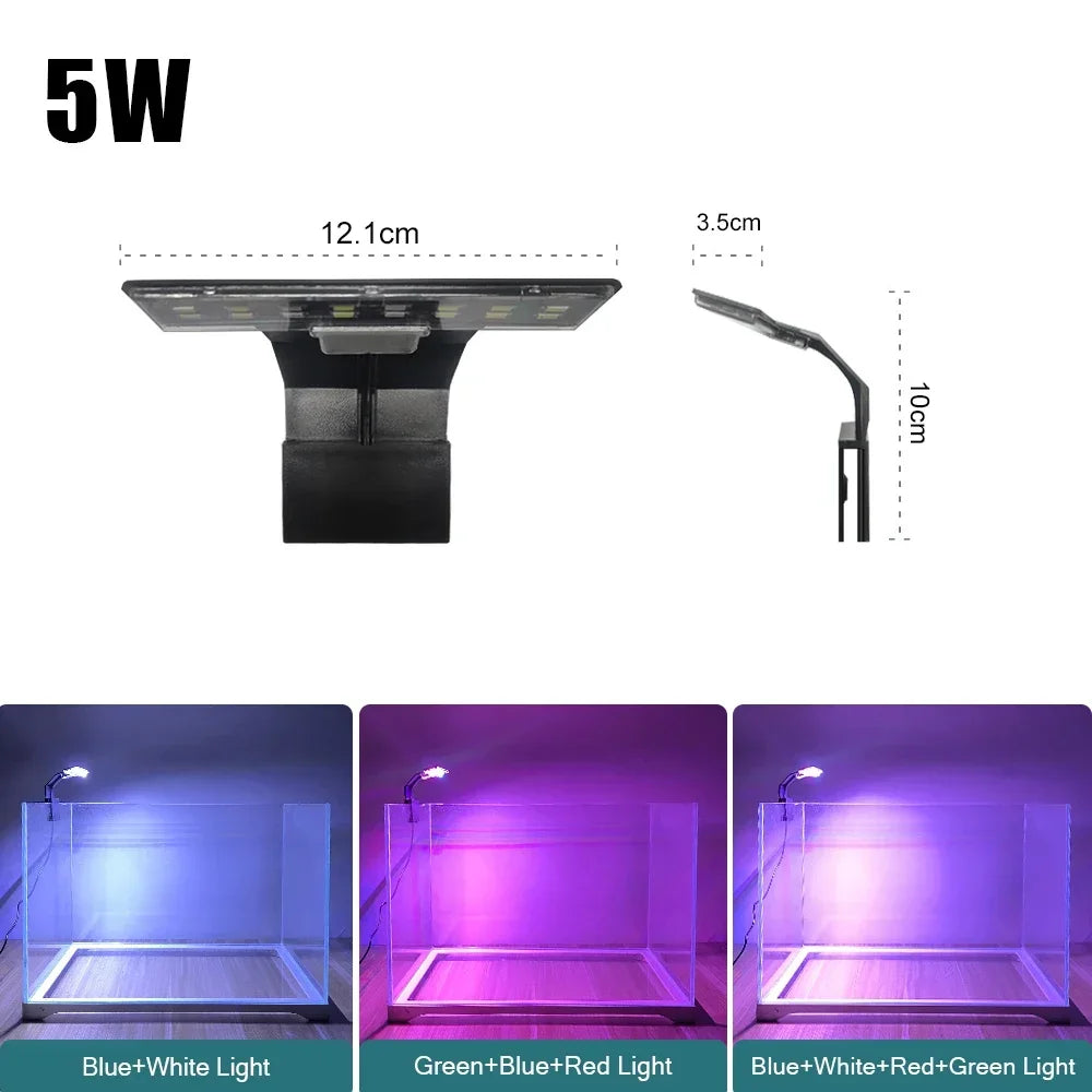 A set of five slim clip-on LED aquarium lights showing different color options including blue white, green blue red, and blue