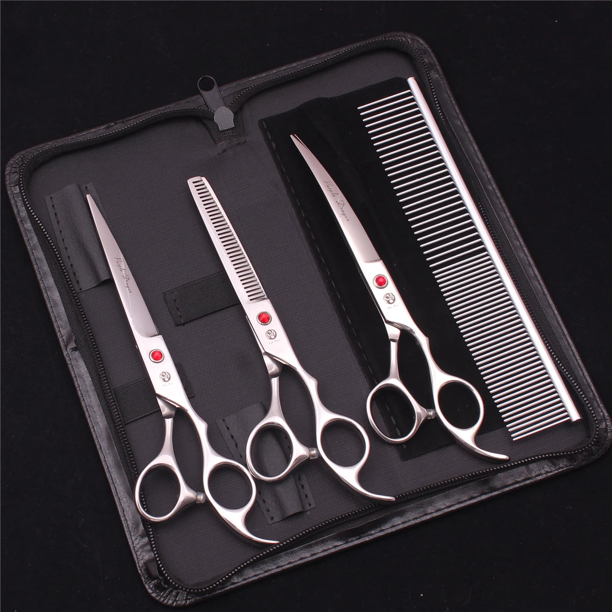 Set de tijeras y peine para aseo de mascotas de acero inoxidable en estuche con cremallera negro.