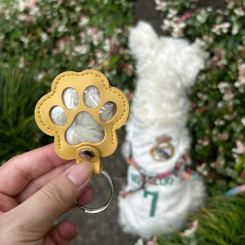 Leather Pet Hair Keepsake Keychain with Cat Paw Design